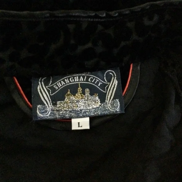 Vintage CITY  of SHANGHAI 100% Silk Black w/ red trim L - Picture 5 of 13